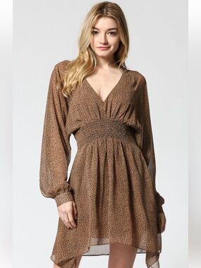 Fate On The Prowl Leopard Print Long Sleeve Smocked Mini Dress